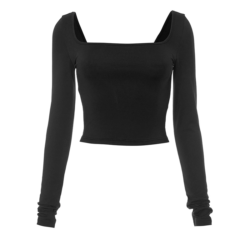 Women T-shirt, Long Sleeve Square Neck Backless Solid Crop Top