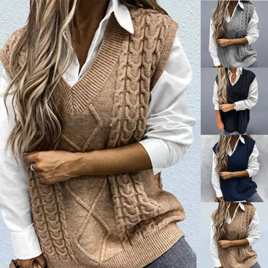 Pure Color Sleeveless Sweater Vest Warm Trendy Twist Knitted Women Vest for Daily Wear