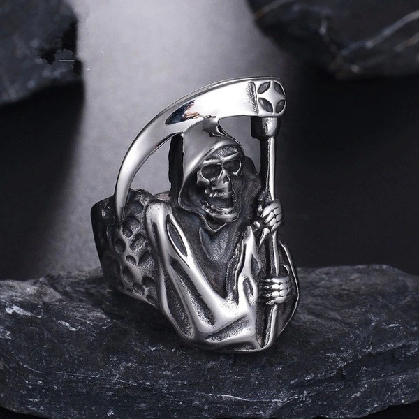 Vintage Gothic Punk Grim Reaper Skull Ring Stainless Steel Reaper's Scythe Ring Jewelry for Men