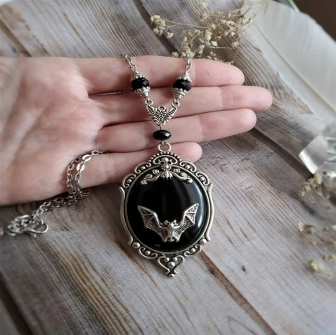 Black Gothic Bat Pendant, Women Gothic Necklace, Vampire Bat Necklace, Witch Crystal Necklace, Witch Jewelry, Moon Pendant, Moon Jewelry