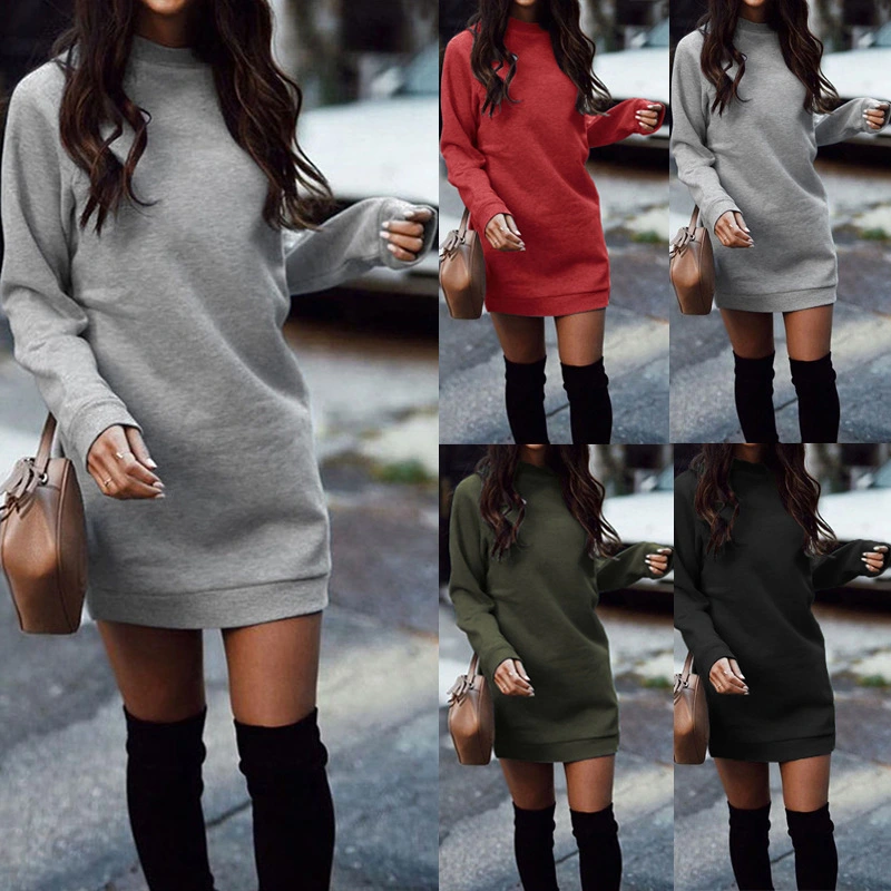 Women Winter Mini Dress Elegant Solid Color Long Sleeve O-Neck Loose Warm Thicken Dress Vestido