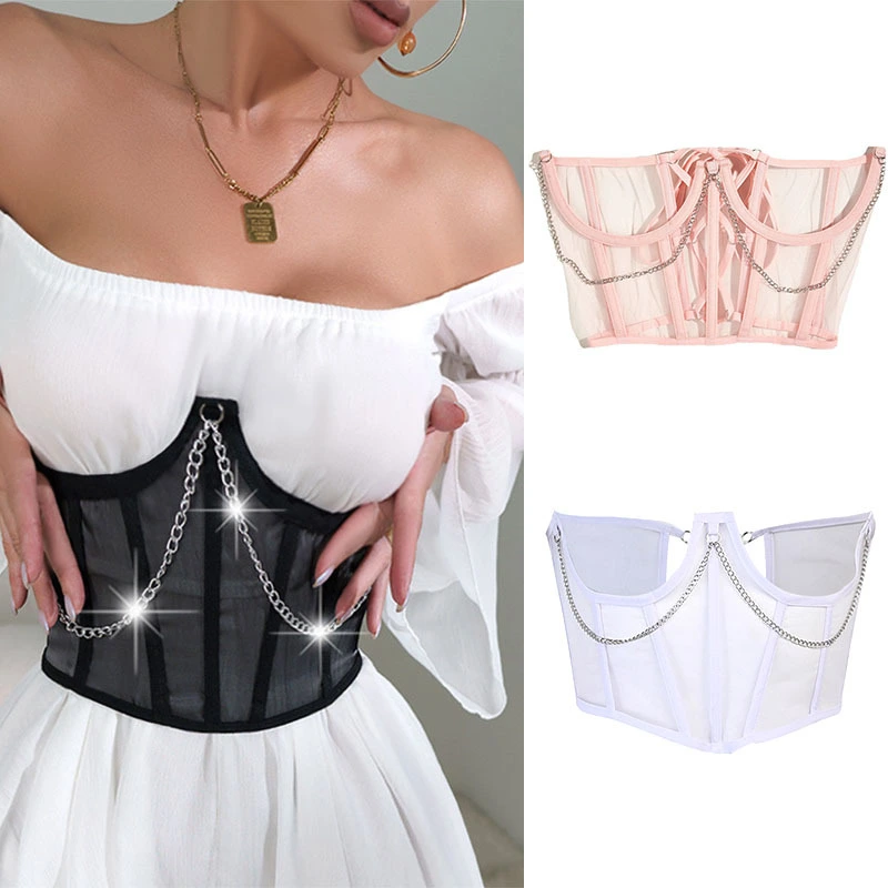 Womens Waist Corset, Sexy Chain Perspective Mesh Shapewear Girdle for Vacation Party Travelling