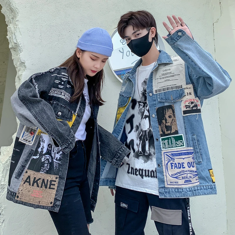 Vintage Full Sleeve Appliques Newspaper Pattern Large Size Black Denim Jacket Leisure Trend Coat 2020 Autumn