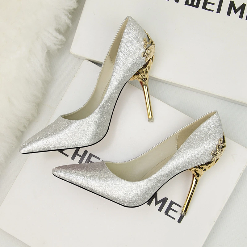 Women's Fashion High Heels Shallow Mouth Pointed Satin Single Shoes