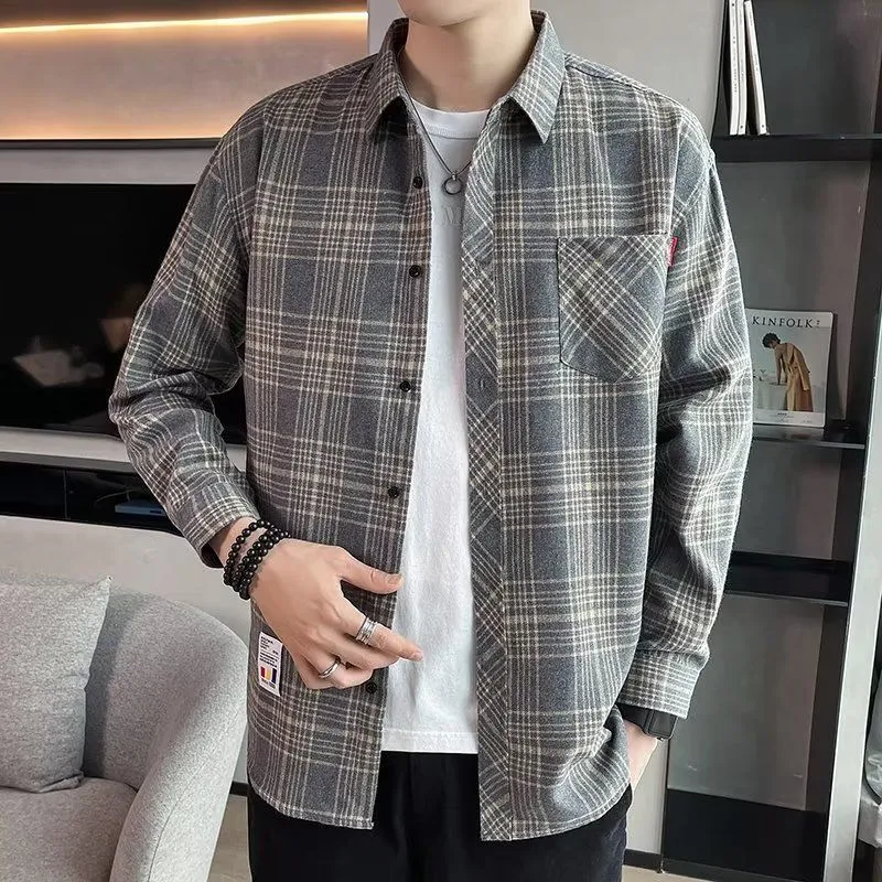 Men's Long Sleeve Plaid Shirt Spring Korean Casual Shirt Men's Shirt