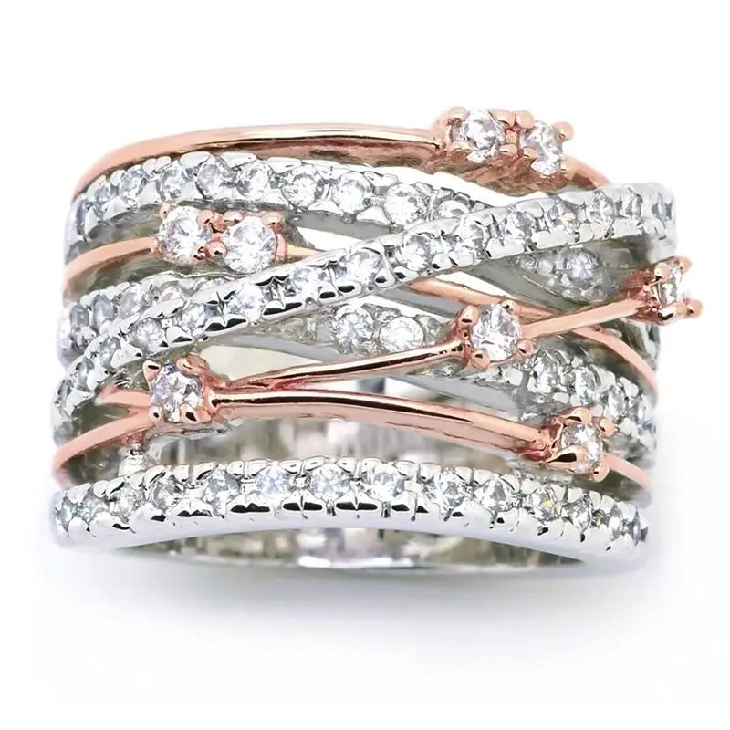 Fashion Sparkling Women Exquisite Two-Tone Crossover Ring Engagement Wedding Band Rings Jewelry