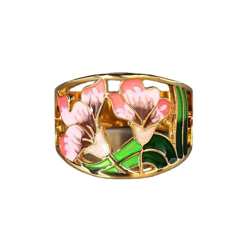 Luxury Wedding Rings for Women Handmade Enamel Lotus Flower Wide Ring Vintage Bohemia Jewelry