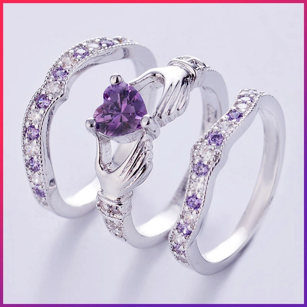 3 pieces/set of heart-shaped amethyst wedding ring set silver-plated fashion jewelry engagement ring birthday anniversary gift (size: 5-12)