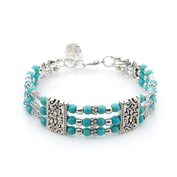 Vintage Multilayer Turquoise Beaded Bracelet Bohemian Enthic Alloy Feather Bangle Bracelet for Women Men Jewelry