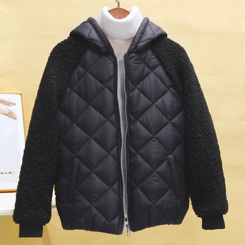 Thin Light Down Cotton Jacket Female Short Coat Autumn Winter Women's 2021 Hooded Loose Imitation Lamb Wool Cotton Jacket