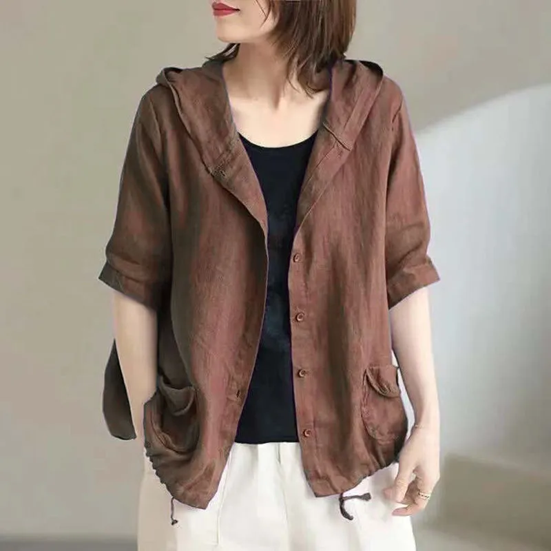 Korean Fashion Summer Women Oversized Cardigan Hooded Coffee Purple Cotton Linen Casual Loose Blouse Plus Size Vintage Ladies Thin Coat