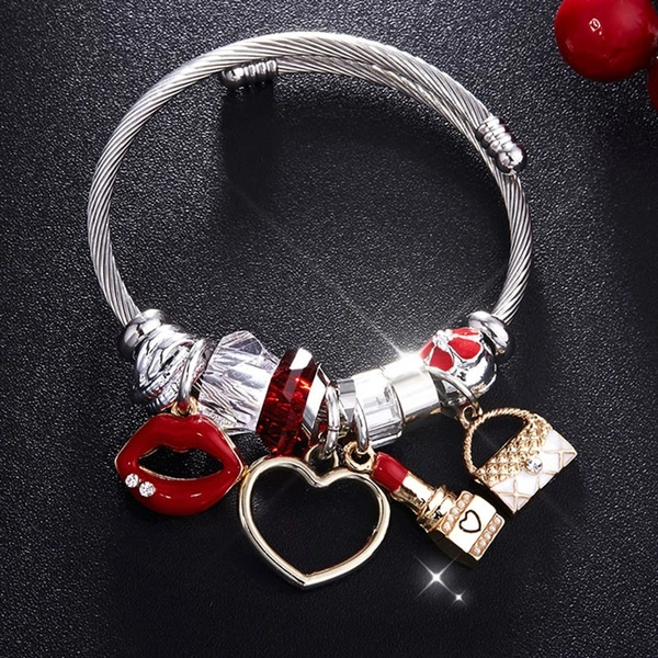 Charms Women Bracelet Silver Color Chain Red Lips Big Heart Crystal Bead Female Cuff Bracelets & Bangles Jewelry Gift