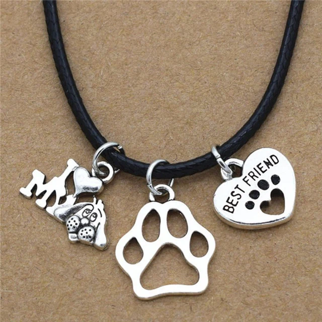 New I Love My Dog Best Gifts Jewelry for Dog Lover Antique Silver Dog's Paw Love Best Friend Heart Charm Pendant Chain Bracelets