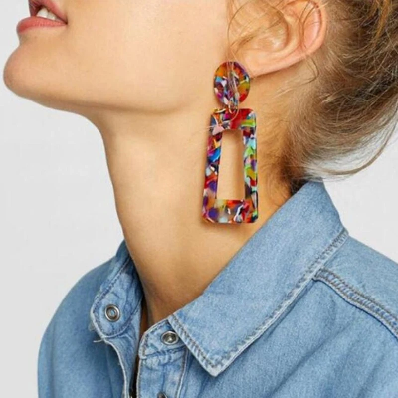 Boho Geometric Statement Earrings Fashion Jewelry Colorful Mix Color Leopard Printed Acrylic Drop Earrings for Women