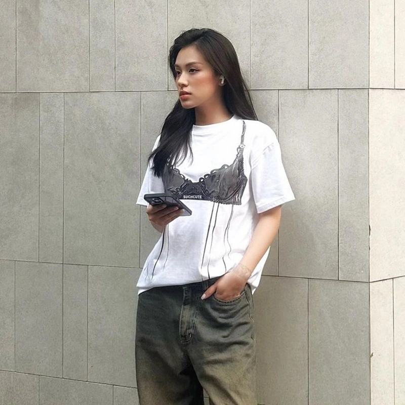 Europe And America Cross Border Fashion Underwear Printing Contrast Color Loose All-match Short Sleeve T-shirt Top