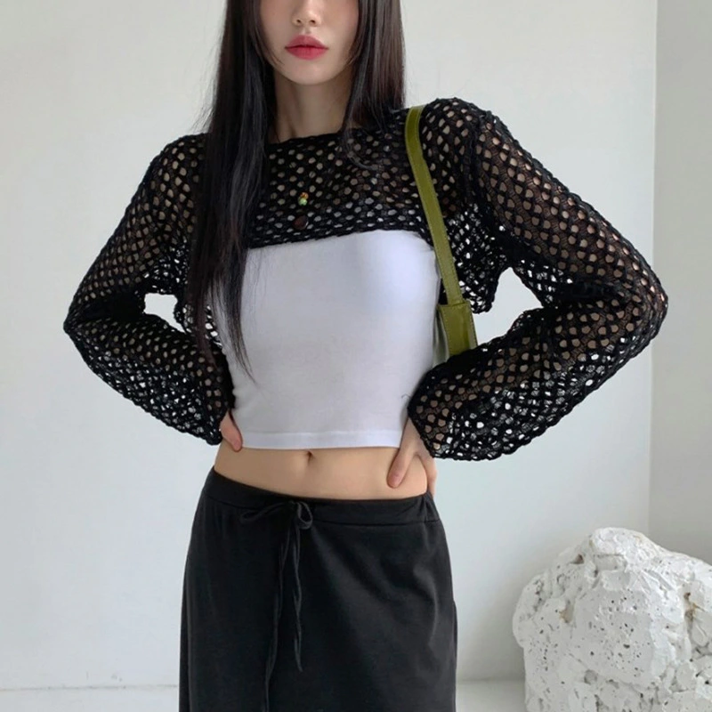 Solid Color Grid See-through Smock Top