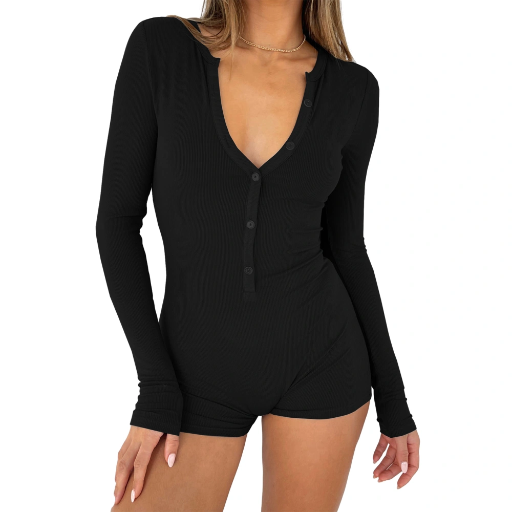 Women Jumpsuit Long Sleeve Button Closure Solid Slim Fit Fall Bodysuit