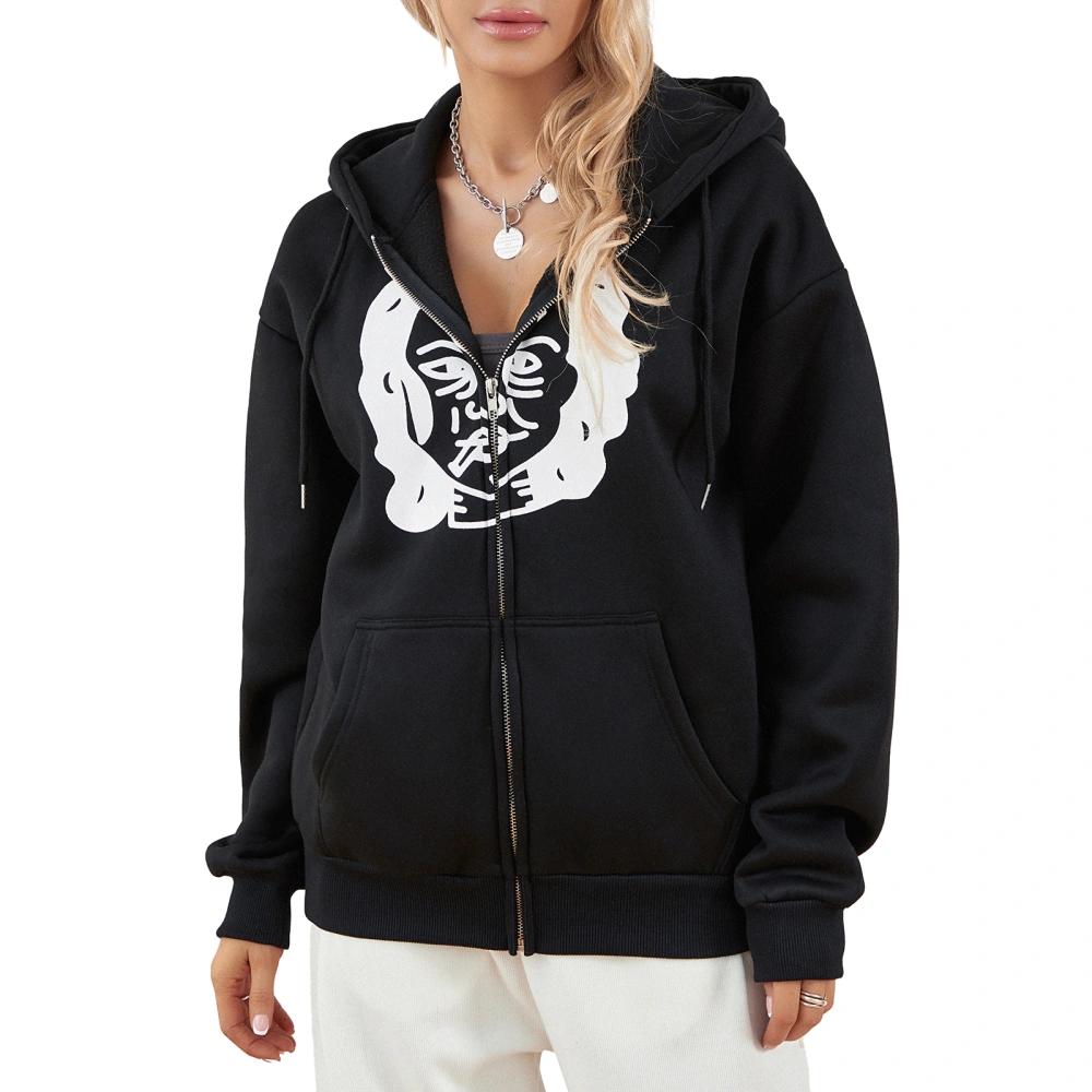 Women's Autumn Black Long Sleeve Portrait Print Zip Up Hoodie