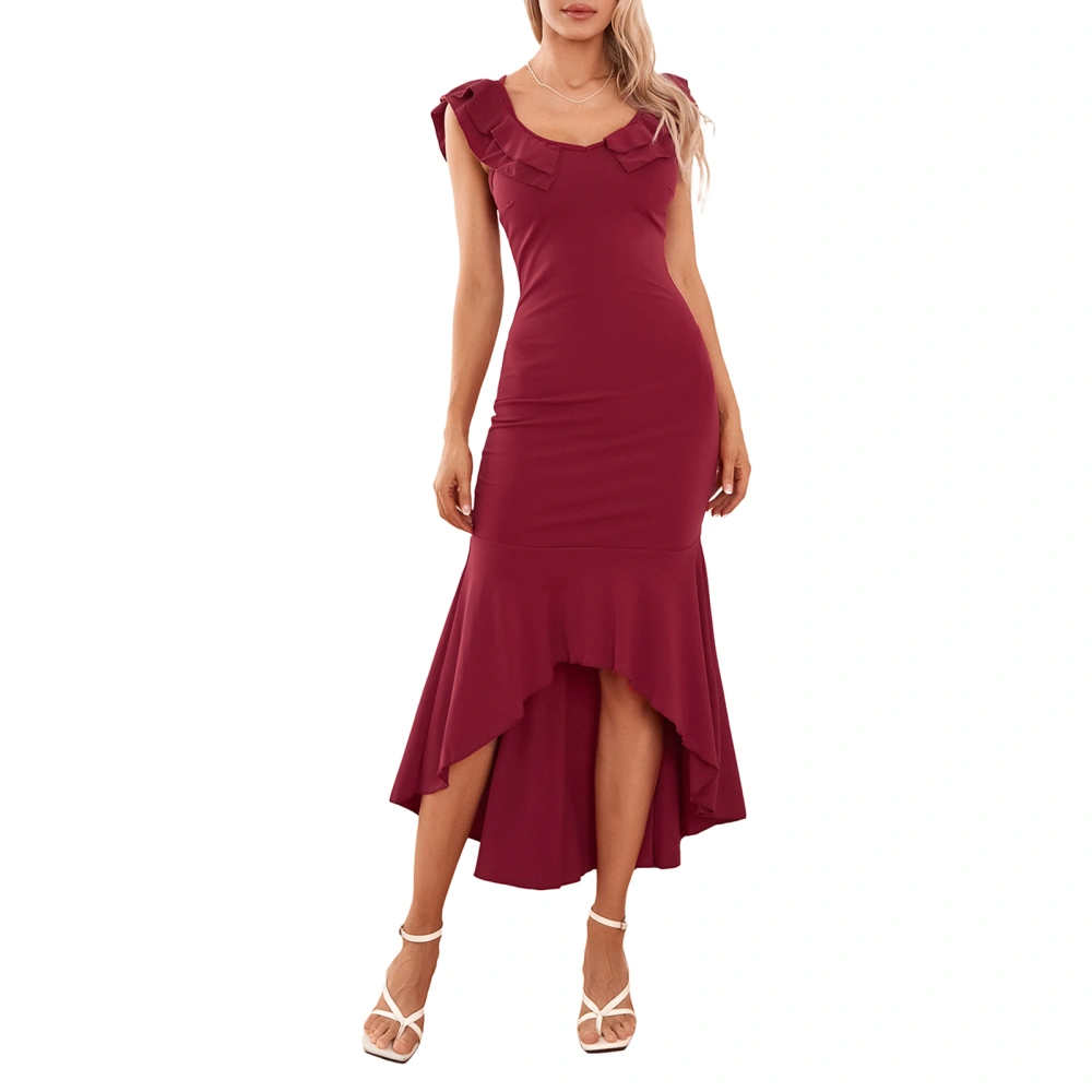 Women Long Bodycon Dress Solid Color Ruffles Fishtail Sleeveless Dress