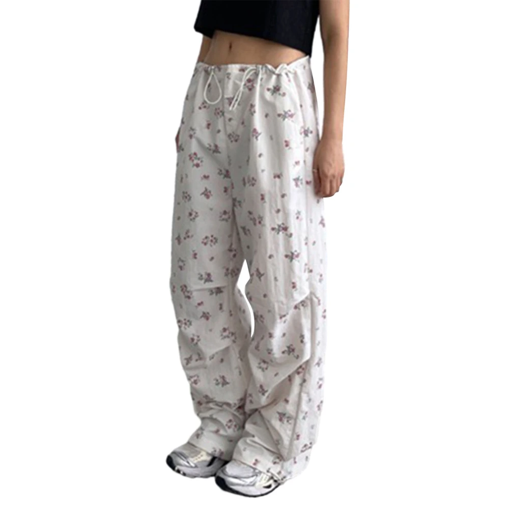 Women Casual Pants, Drawstring Low Waist Floral Trousers with Pockets