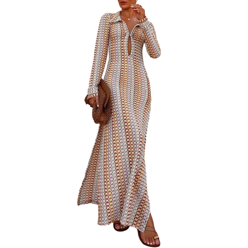 Women's Summer Crochet Long Dress V-Neck Long Sleeve Slit Dress