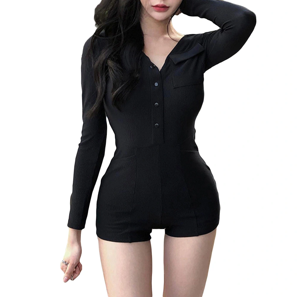 Women’s Knitted Rompers Long Sleeve Button Down Jumpsuit Shorts