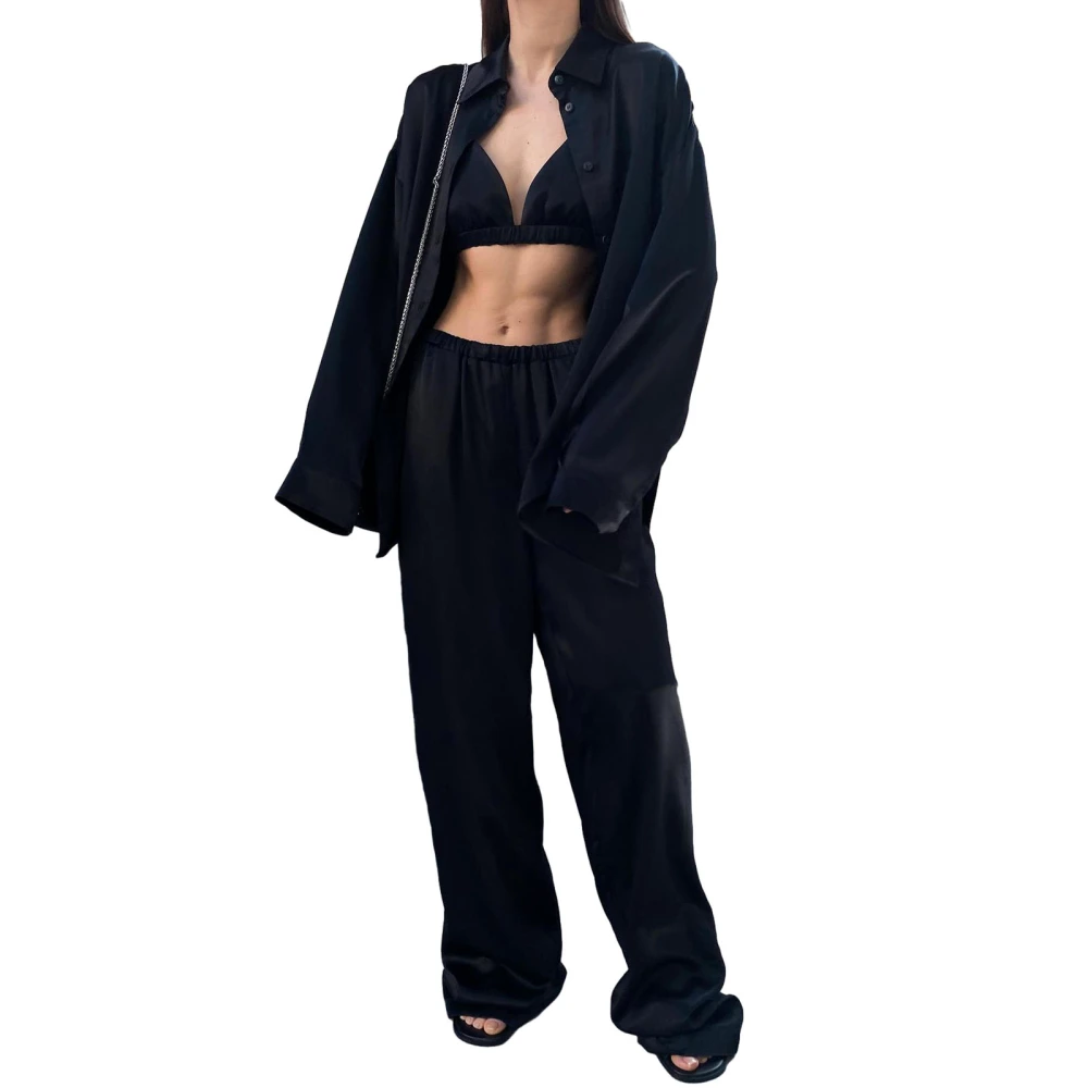 Women 2 Piece Satin Pajama Long Sleeves Button Shirt and Elastic Pants