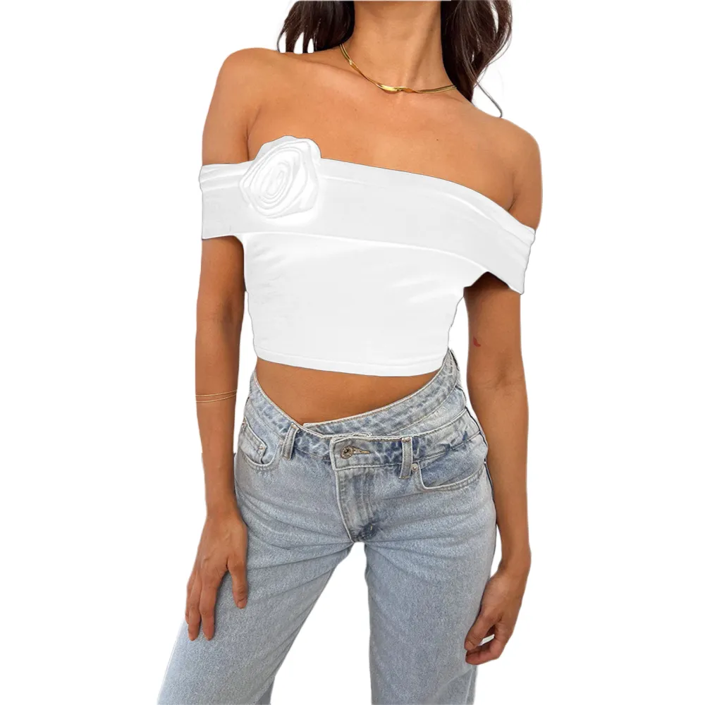 Women Off Shoulder Crop Tops Solid Color 3D Rose Boat Neck T-Shirts