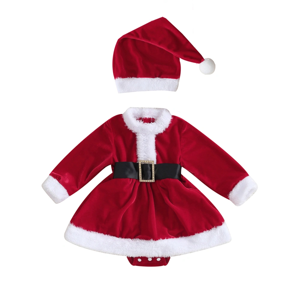 Baby Girls Long Sleeve Rompers Christmas Plush Trim Belt Bodysuit Hat