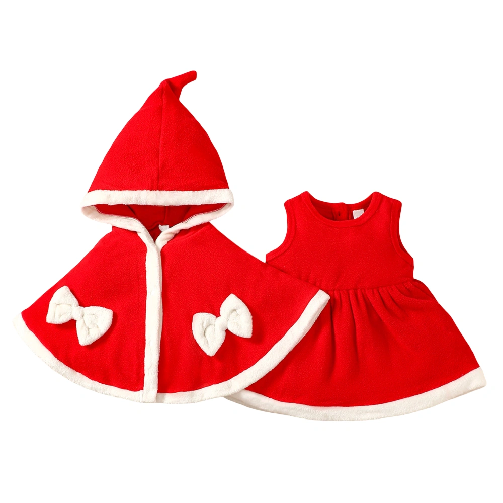 Toddler Girls Christmas Red Sleeveless Crewneck Dress with Hooded Cape