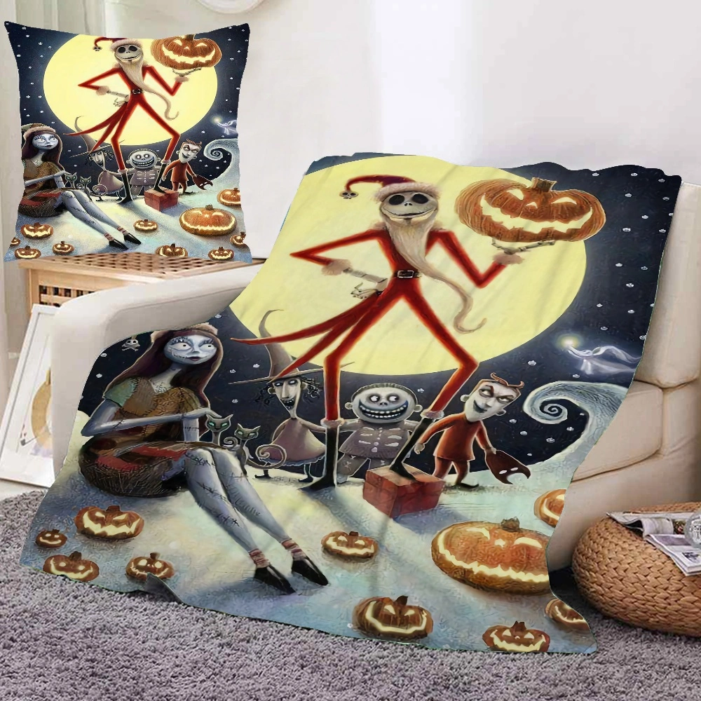 2PCS Halloween The Nightmare Before Christmas Blanket and Pillow Cover Throw Flannel Blanket For Couch For Sofa Throws For Couches, Outdoor Throw Blanket, Thin Blanket