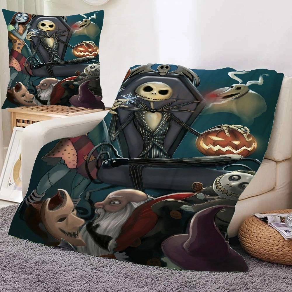 2PCS Halloween Jack Skellington Skeleton Throw Blanket and Pillow Cover, Fleece Blanket For Bed Throw Blanket, Blanket For Living Room, Big Blanket