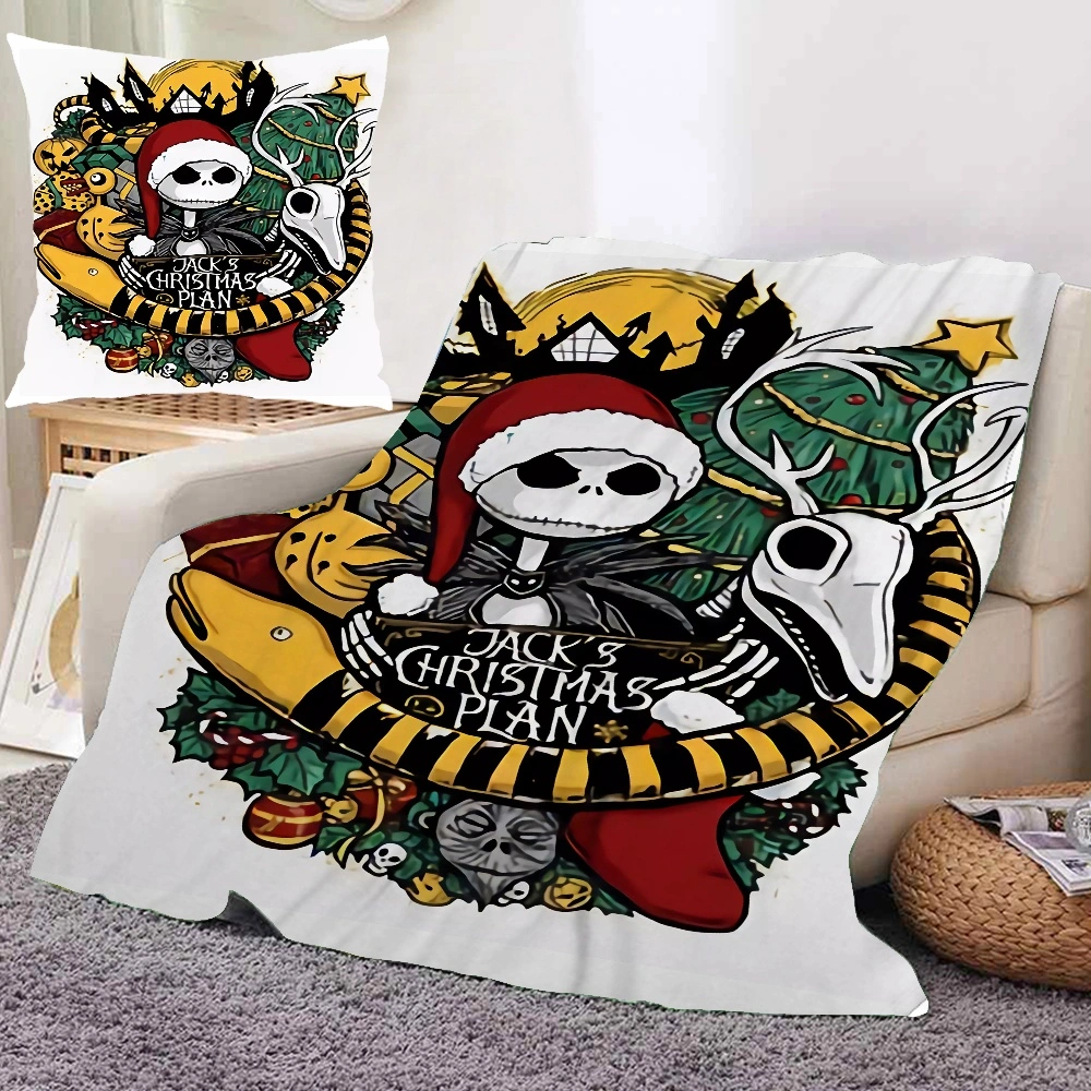 2PCS Jack Skellington Skeleton Throw Blanket and Pillow Cover, Flano Blanket Throws For Throws For Sofa, Travel Blanket, Thin Blanket