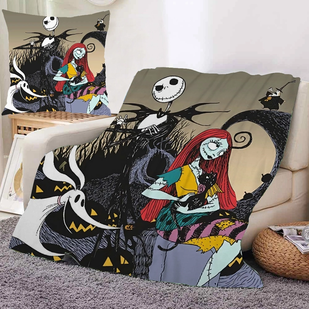 Jack Skellington Skeleton & Sally Bean 2PCS Blanket and Pillow Cover,Throw Flannel Blankets For Throws And Blankets For Sofa, Living Room Blanket, Plush Throw Blankets