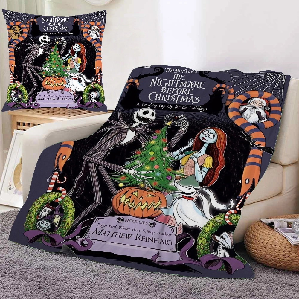 2PCS Jack Skellington Skeleton & Sally Bean Blanket and Pillow Cover, Throw Flano Blankets For Soft Lightweight Blanket, Blanket For Living Room, Small Blankets