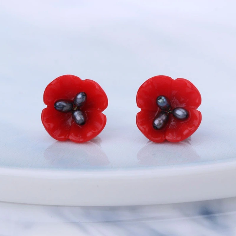 Red Pearl Flower Earrings Ladies