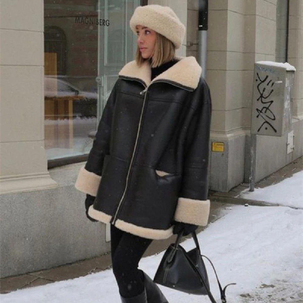 Fashion Cashmere Leather Fur Collar Composite Leather Coat