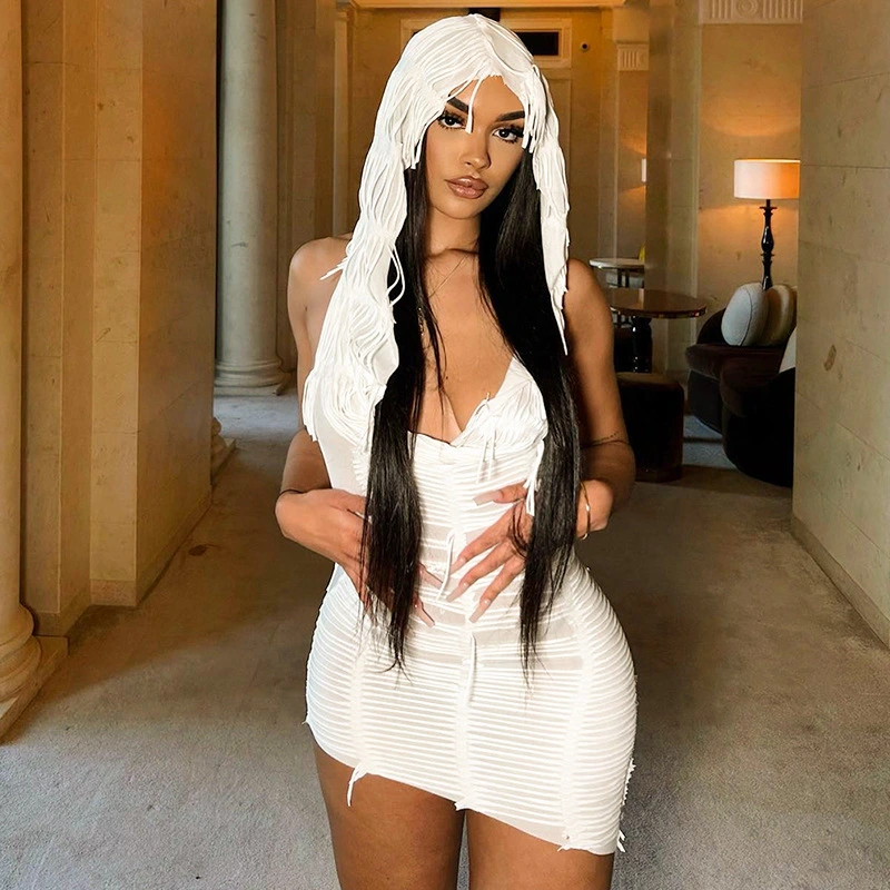 New Solid Color Casual Sleeveless Hooded Tassel Slim Short Dress
