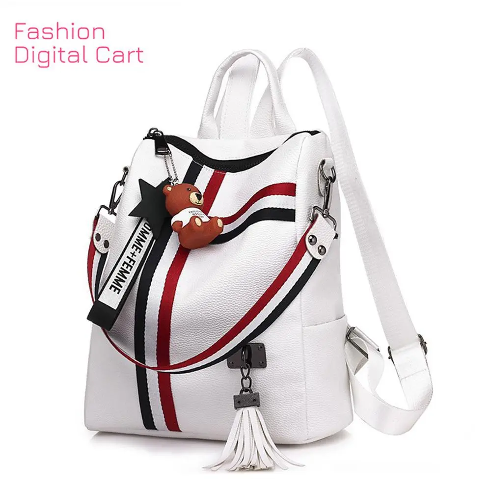 Fashion Cartoon School Bag Female PU Leather Travel Bag Gril's Stripe Pendant Backpack