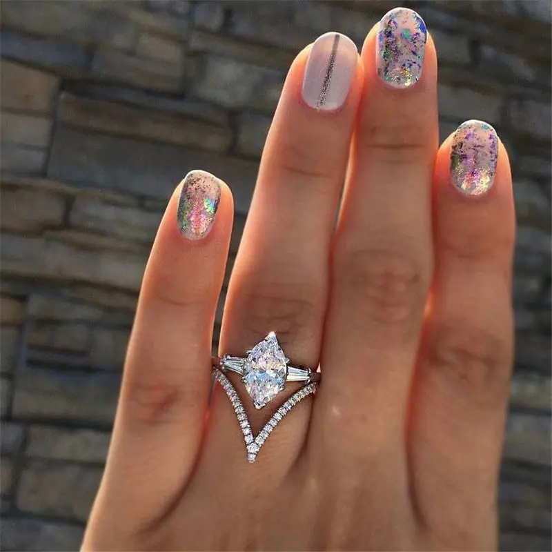 2-in-1 Luxury Fashion White Rhinestone Triangle Ring Set Bridal Engagement Ring Jewelry