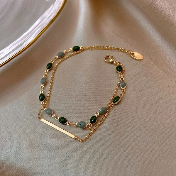 Blue Green Color Crystal Charm Bracelets for Women Gold Color Beaded Chain Double Layered Adjustable Bracelet Accessories