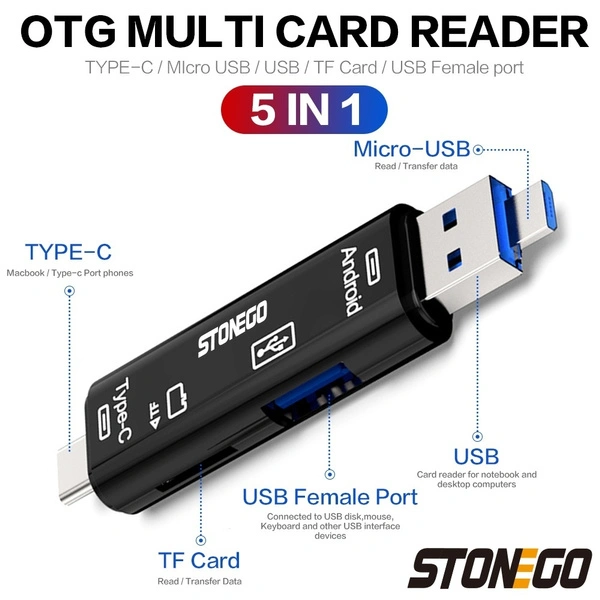 5 In 1 USB/Type C/Micro USB OTG Adapter, Expand The Storage Space of Your Devices Stonego USB 2.0 Multi-Function Portable Memory Card Reader for Android, Windows, Smartphones, Tablet, Laptop, PC