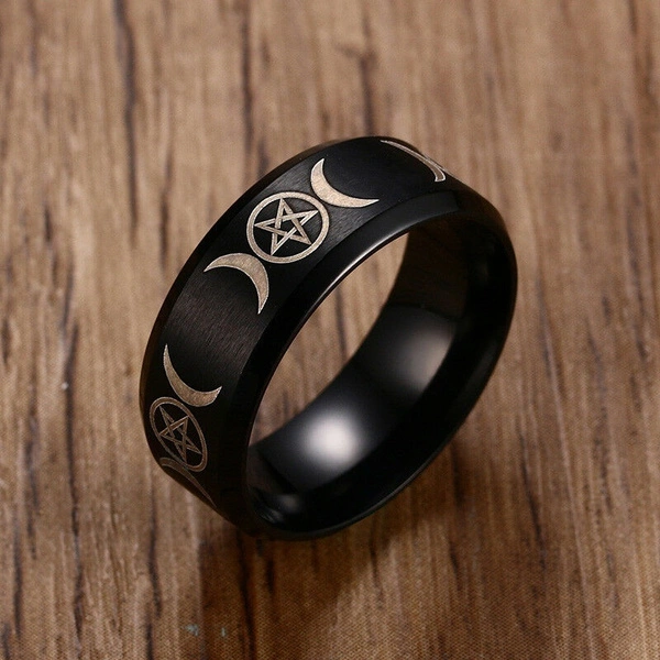 Fashion Vintage Men Triple Goddess Pentacle Ring Stainless Steel Black Crescent Moon Pentagram Biker Jewelry