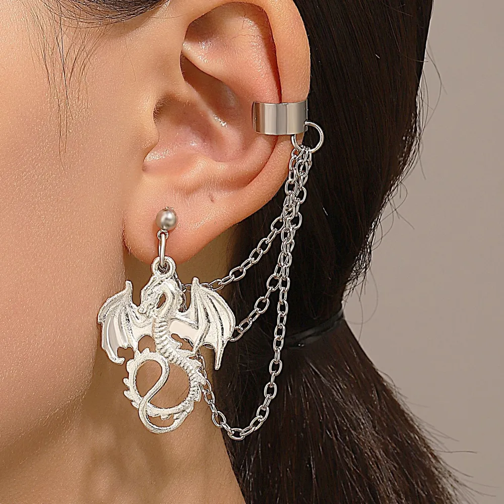 Dragon Ear-chains Ear Cuff Fantasy Cosplay Silver-plated Chains and Hypo-allergenic Stud Earring