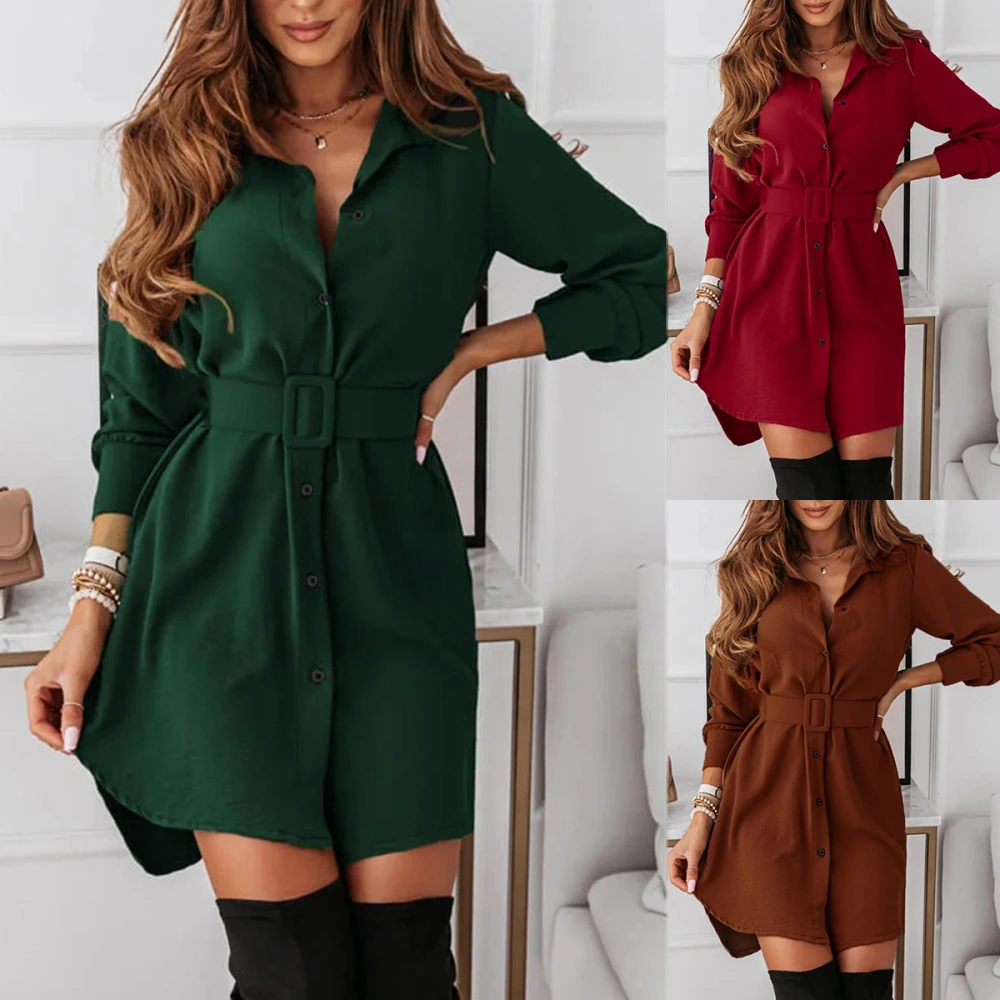 Lady Dress Single-breasted Buckle Elegant Fabulous Turn-down Collar Women Dress for School