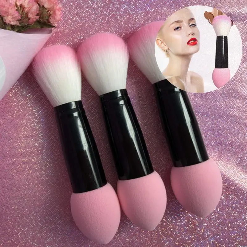 1pc Professional Blusher Brush Nylon Make Up Brushes Two Head Metal Cosmetic Tools with Sponge