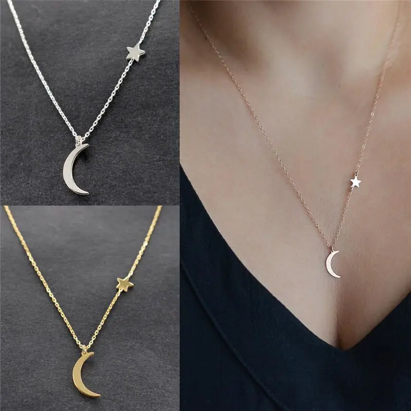 Moon Star Pendant Necklace Neck Chain Necklace Gold And Silver Long Chain Women'S Jewelry