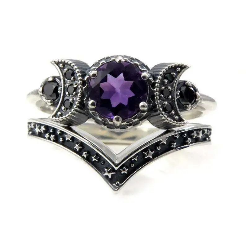 Hecate Triple Moon Ring Set Silver and Black Diamond Engagement Rings Amethyst or Red Crystal Wedding Ring Unique Moon Goddess Rings for Women Fashion Jewelry Boho & Hippie & Gothic Anniversary Gift