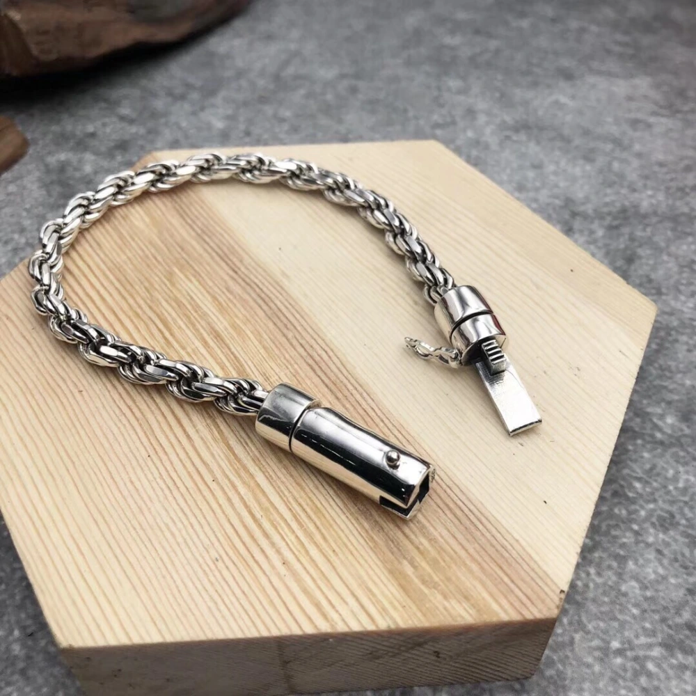 S925 Sterling Silver Vintage Men's Bolt Hemp Rope Bracelet