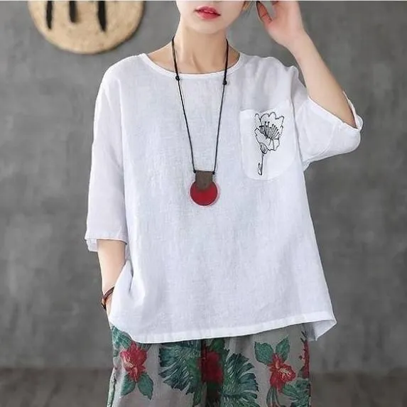 Women's Fashion Casual Embroidered Cotton And Linen T-shirt